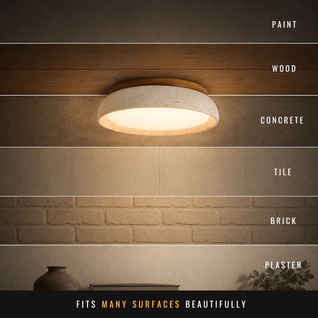 Flush mount ceiling light shown against wood, marble, concrete, tile, brick, and plaster ceiling finishes.