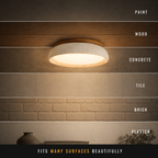 Flush mount ceiling light shown against wood, marble, concrete, tile, brick, and plaster ceiling finishes.