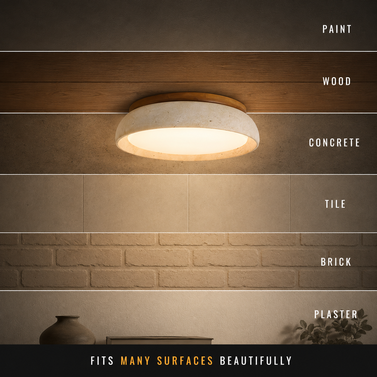 Flush mount ceiling light shown against wood, marble, concrete, tile, brick, and plaster ceiling finishes.