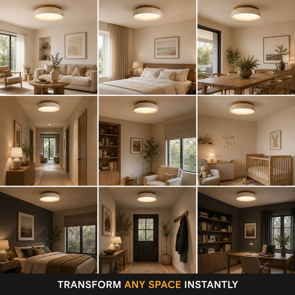 Flush mount ceiling light displayed in a grid of living rooms, kitchens, bedrooms, hallways, and dining spaces.
