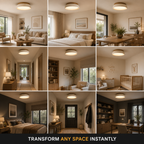 Flush mount ceiling light displayed in a grid of living rooms, kitchens, bedrooms, hallways, and dining spaces.