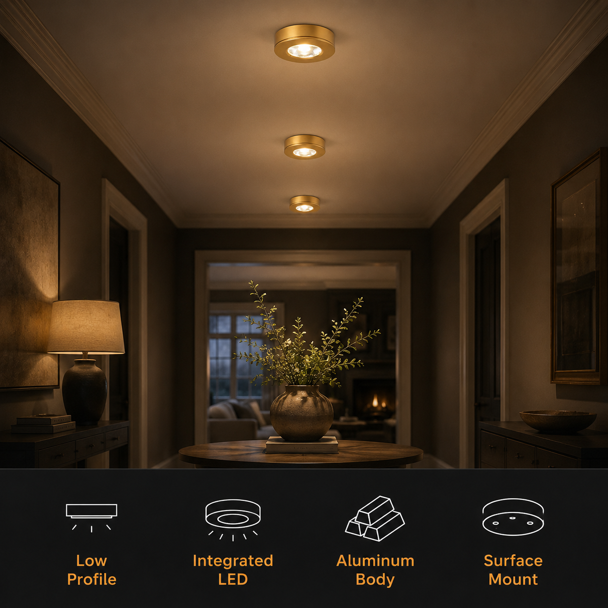 Gold flush mount ceiling light fixtures illuminate a dark hallway above a row of feature icons.