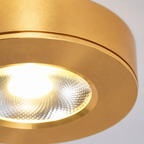 Close-up view of a gold flush mount ceiling light showing the illuminated center lens and rounded housing.