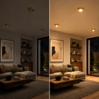 Split room comparison shows the gold flush mount ceiling light off on the left and illuminated on the right.