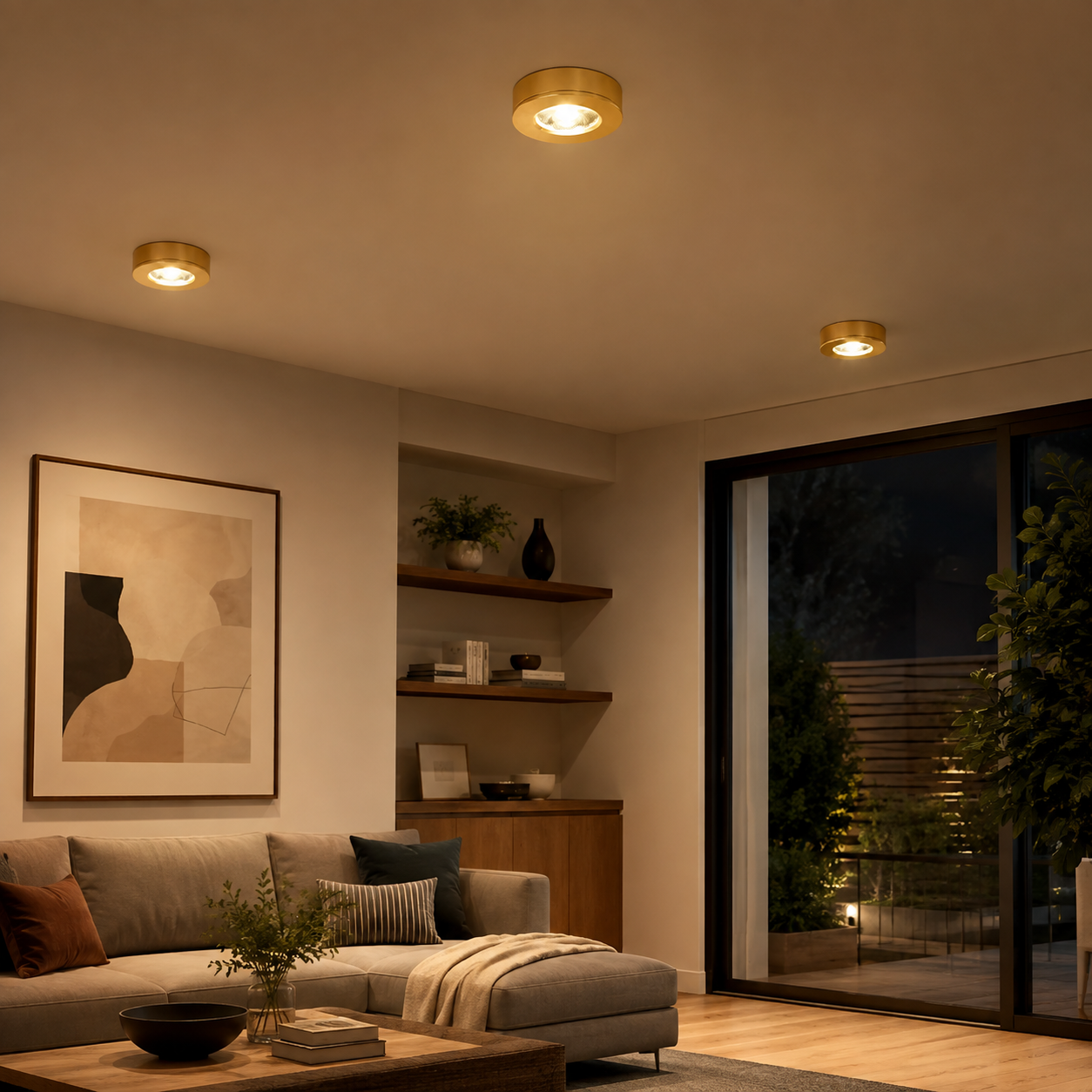 Gold flush mount ceiling light installed in a modern living room with warm evening illumination.
