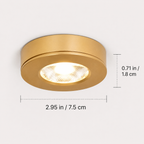 Gold flush mount ceiling light shown in a dimensions graphic with horizontal and vertical measurements.