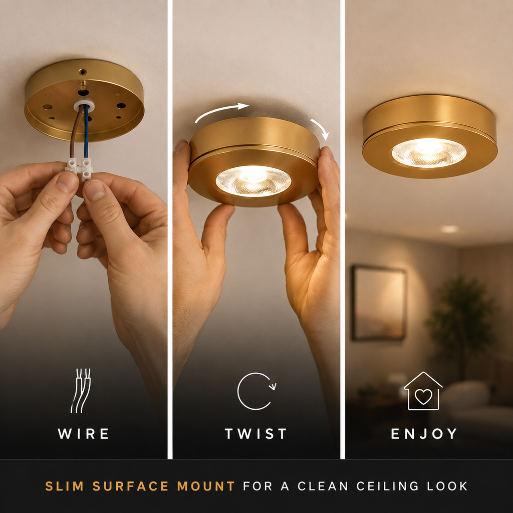 Three-panel graphic shows hands fastening and attaching the gold flush mount ceiling light to a ceiling.