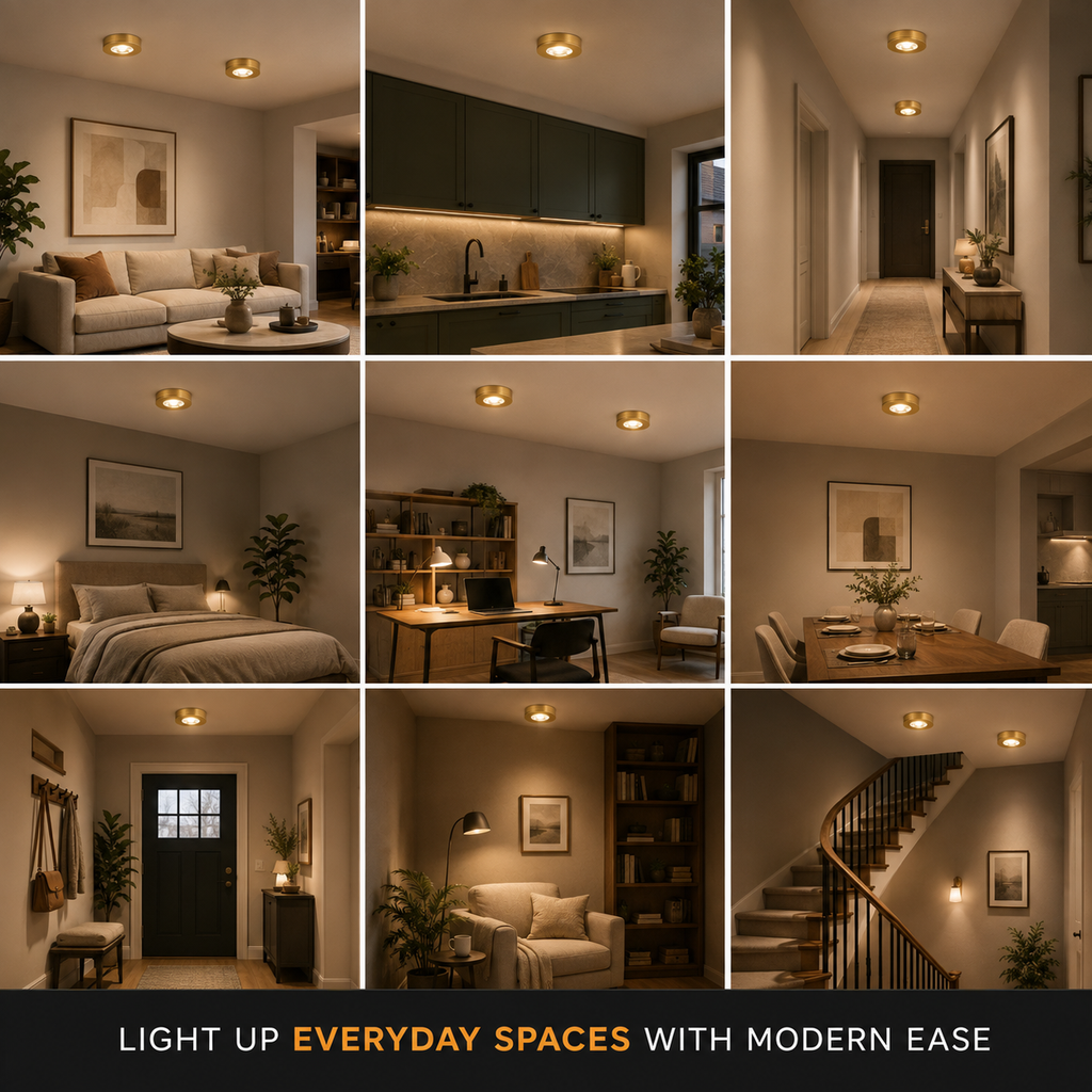 Nine-room grid shows the gold flush mount ceiling light installed in varied home interiors.