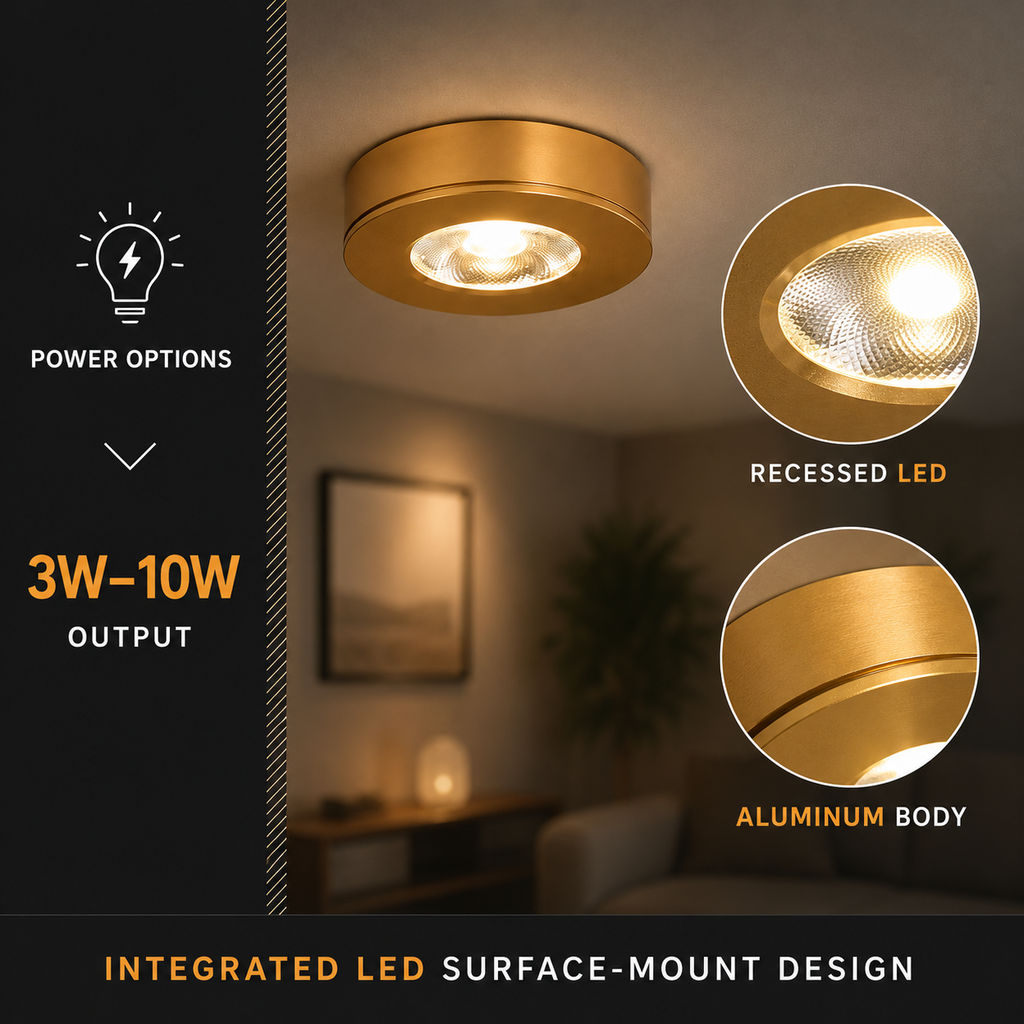Technical graphic shows the gold flush mount ceiling light with illuminated lens and finish close-ups.