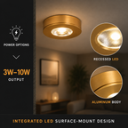 Technical graphic shows the gold flush mount ceiling light with illuminated lens and finish close-ups.