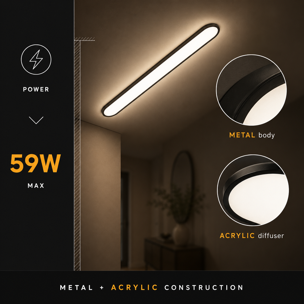 Black flush mount ceiling light shown in a dark feature graphic with 59W and beam diagrams.