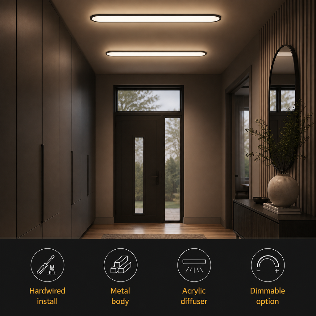 Flush mount ceiling light illuminating a hallway beside a row of feature icons.