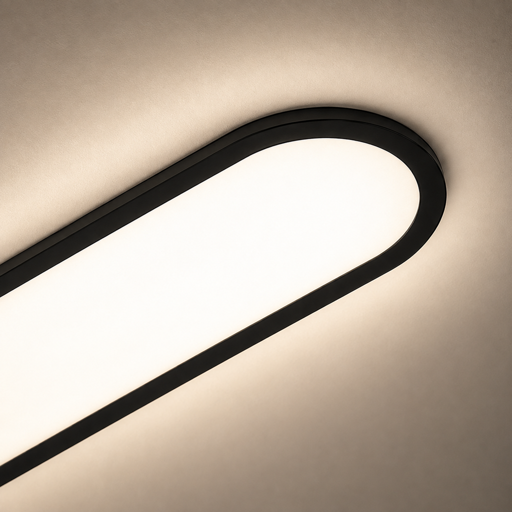 Close-up of a black oval flush mount ceiling light glowing against a warm ceiling.