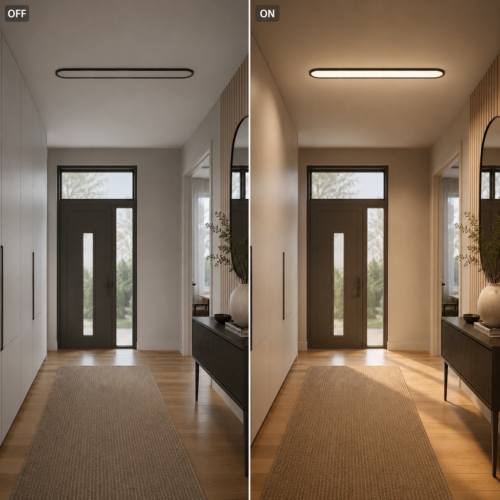 Split view shows a flush mount ceiling light switched off and glowing above the same entry hallway.