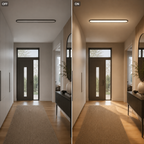 Split view shows a flush mount ceiling light switched off and glowing above the same entry hallway.