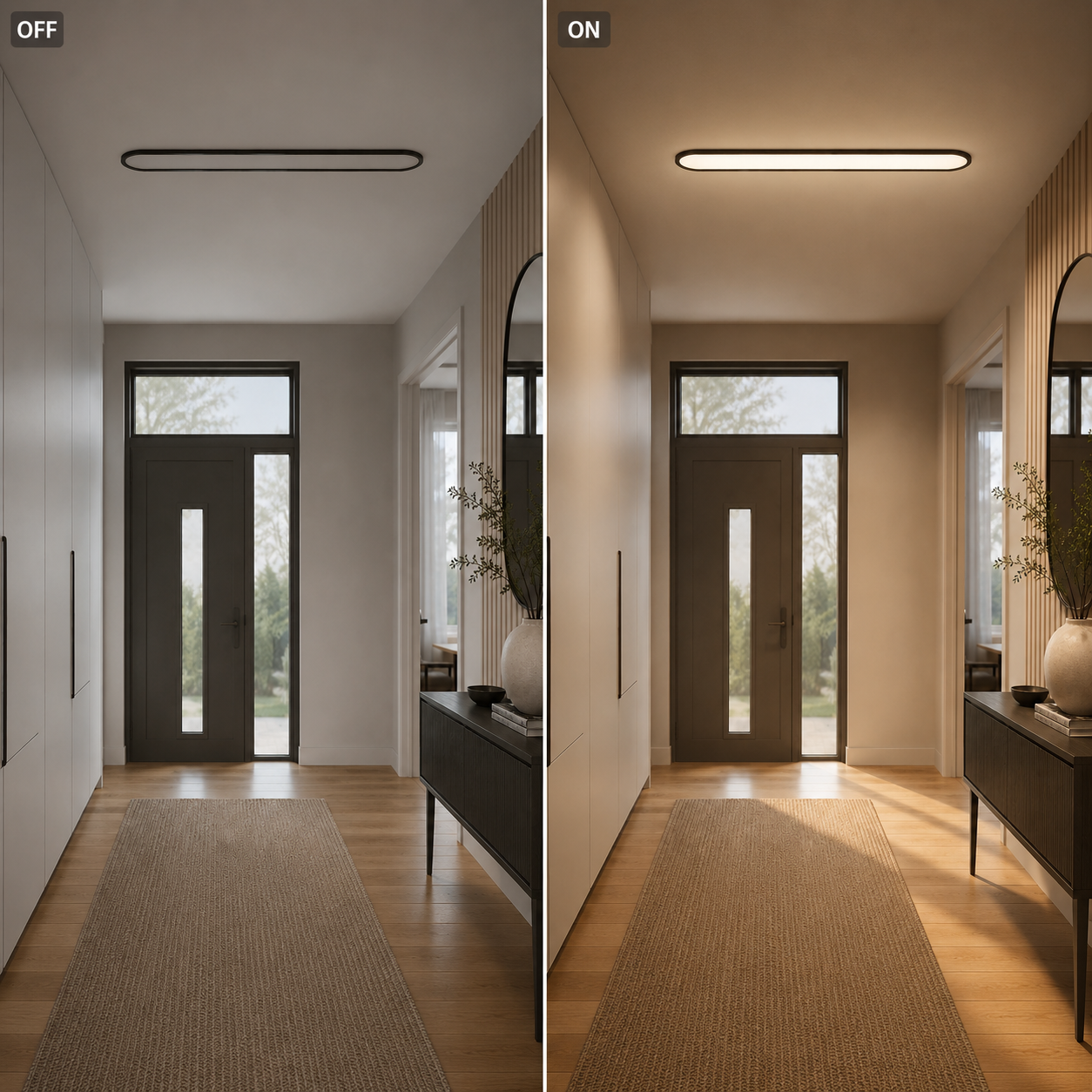 Split view shows a flush mount ceiling light switched off and glowing above the same entry hallway.