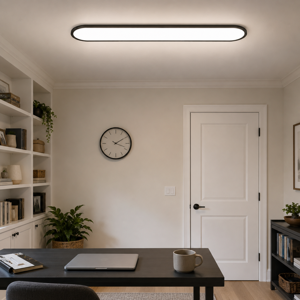 Flush mount ceiling light illuminating a neutral living room with a sofa and wall clock.
