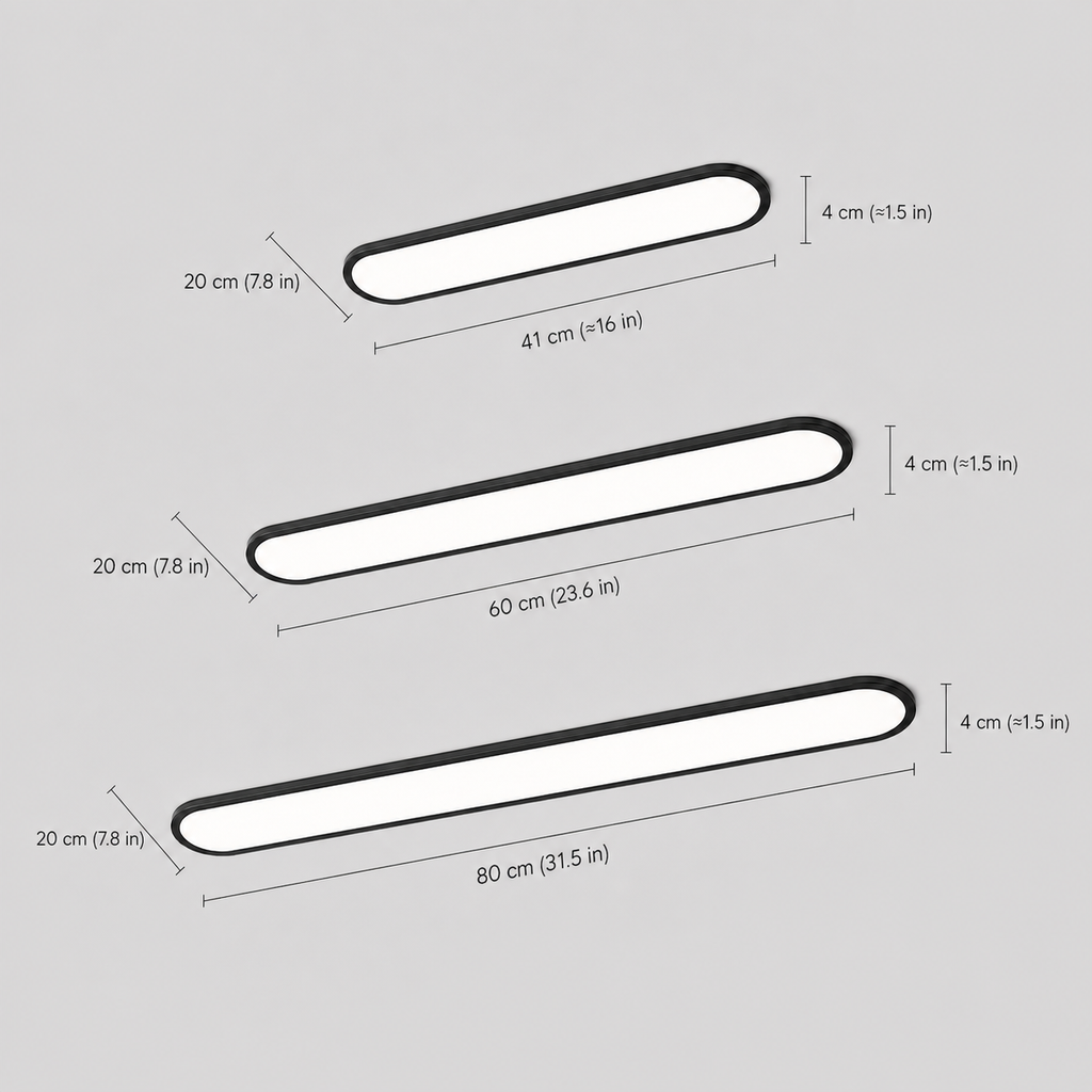 Flush mount ceiling light shown in three different fixture sizes on a white diagram.