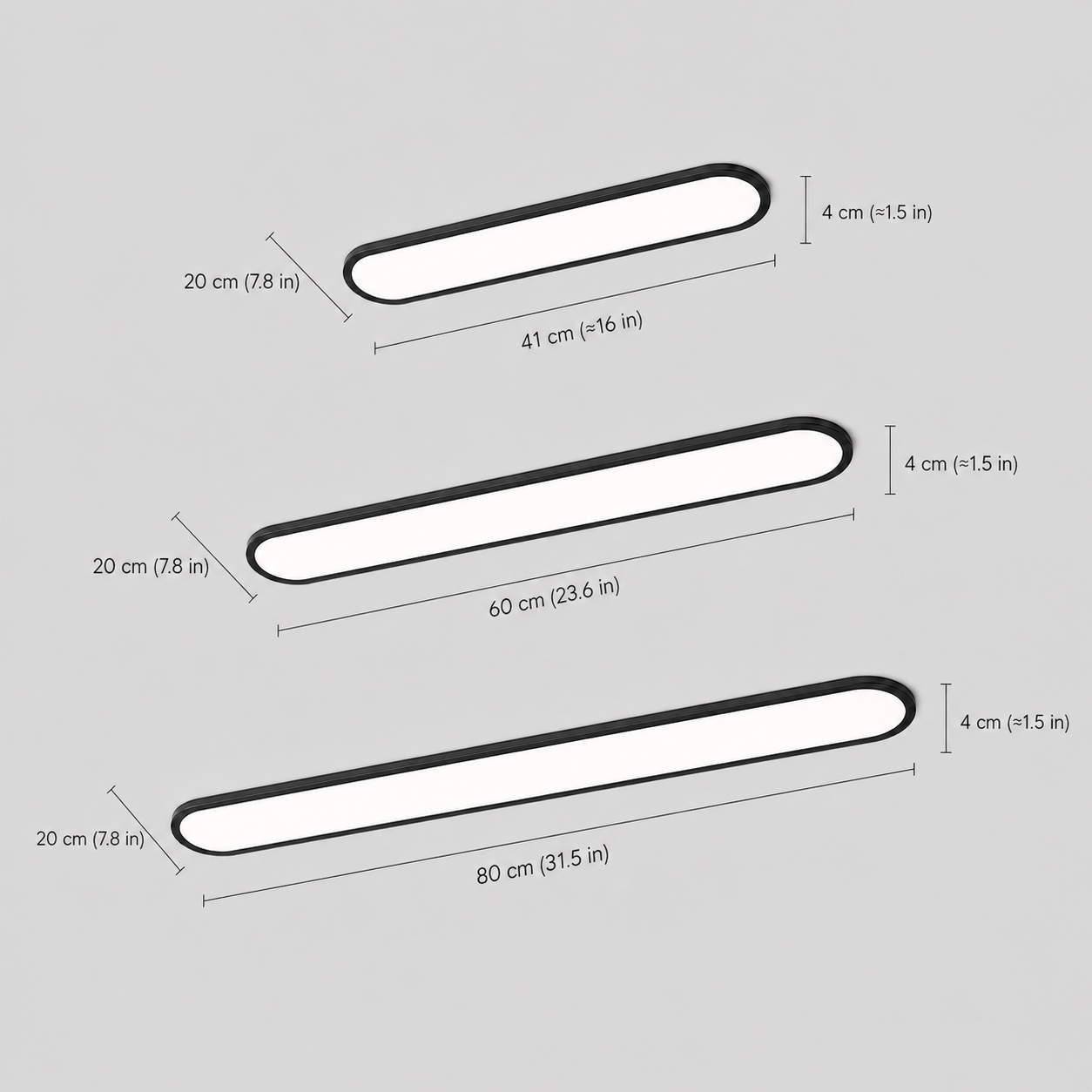 Flush mount ceiling light shown in three different fixture sizes on a white diagram.
