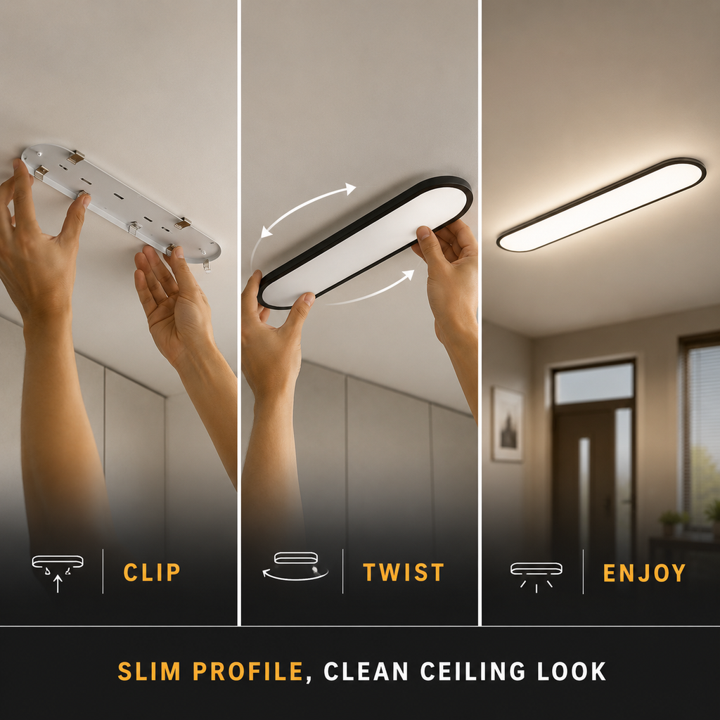 Three-panel graphic shows hands clipping and twisting a flush mount ceiling light before it glows.