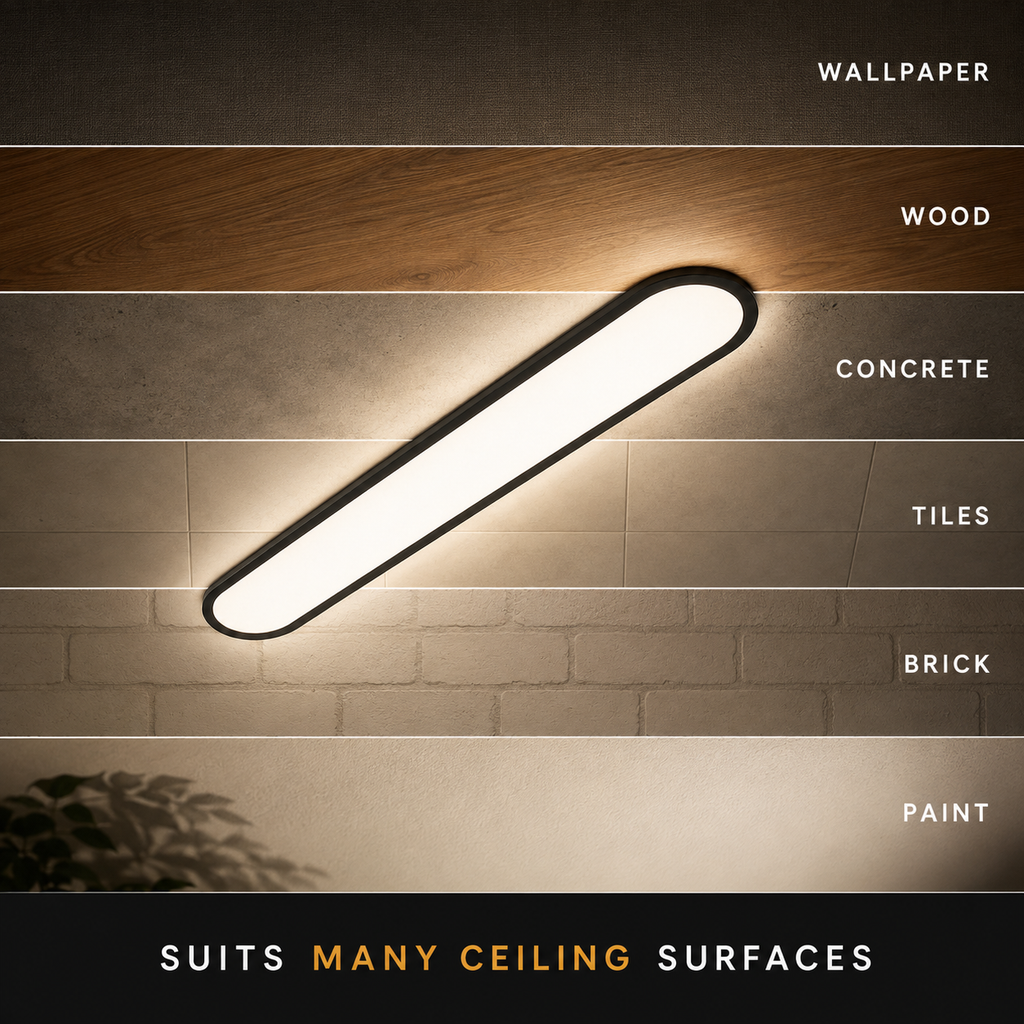 Flush mount ceiling light shown glowing across wallpaper, wood, concrete, tile, brick, and painted surfaces.