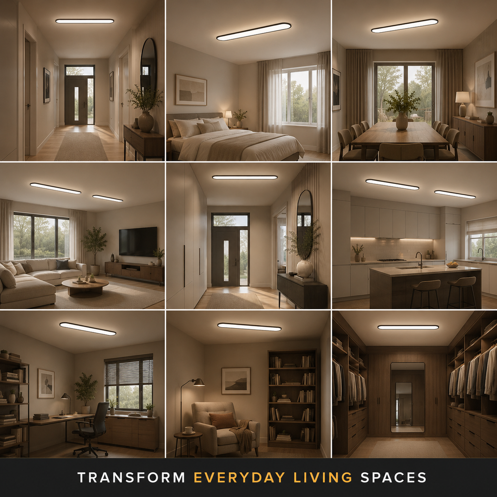 Flush mount ceiling light shown installed across a grid of different interior rooms.