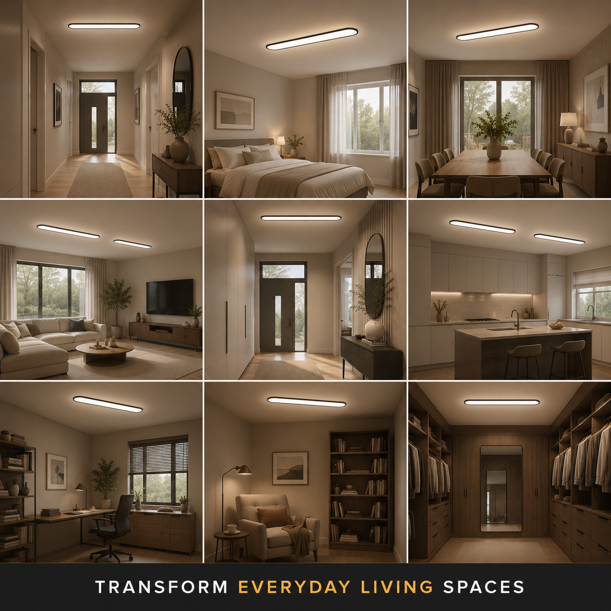 Flush mount ceiling light shown installed across a grid of different interior rooms.