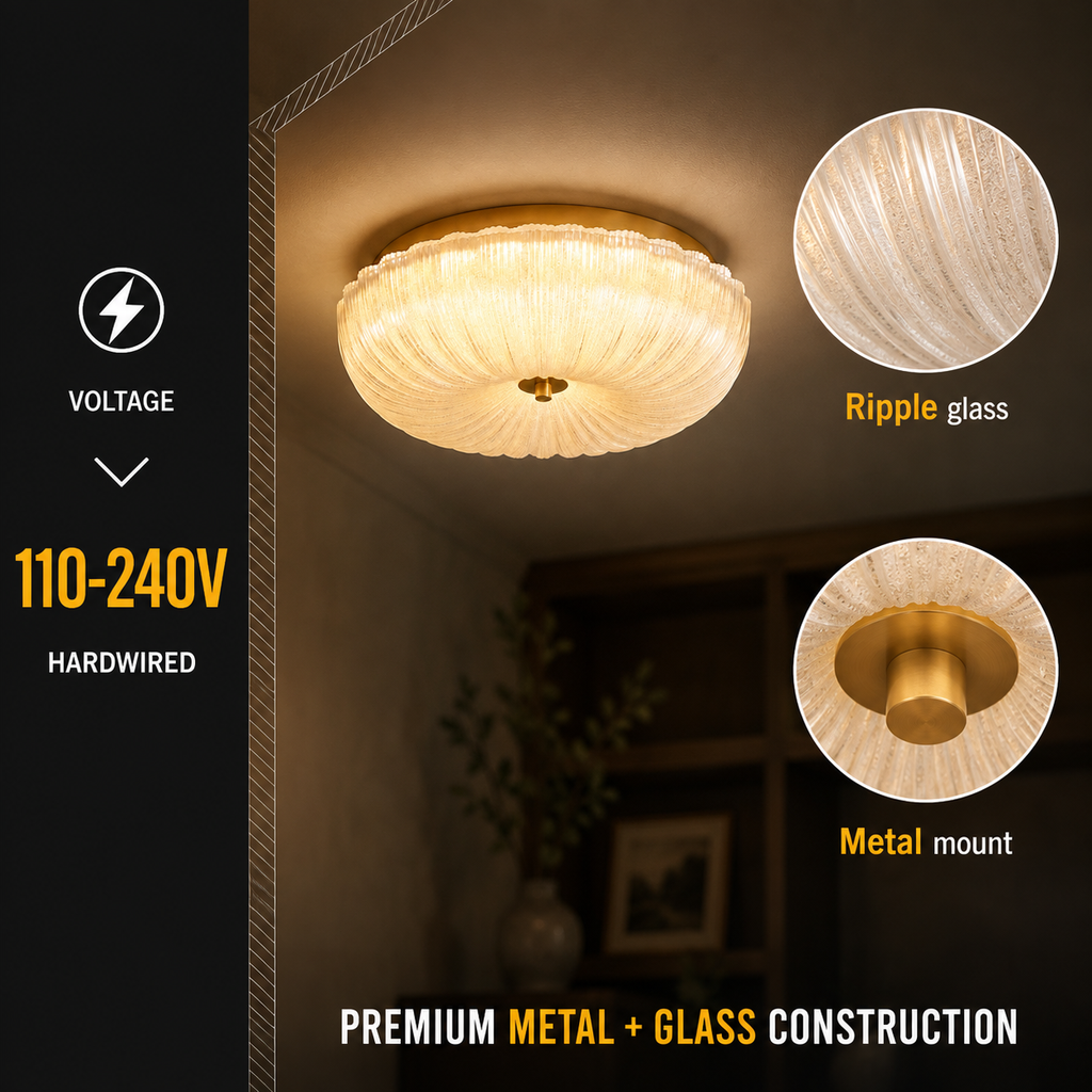 Flush mount ceiling light feature graphic showing voltage, glass shade, metal frame, and construction details.