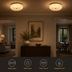 Two flush mount ceiling light fixtures glowing above a dining room with four circular feature icons below.