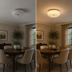 Flush mount ceiling light shown off and on above the same dining area in a side-by-side room comparison.