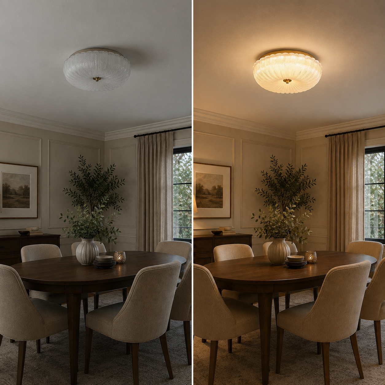 Flush mount ceiling light shown off and on above the same dining area in a side-by-side room comparison.