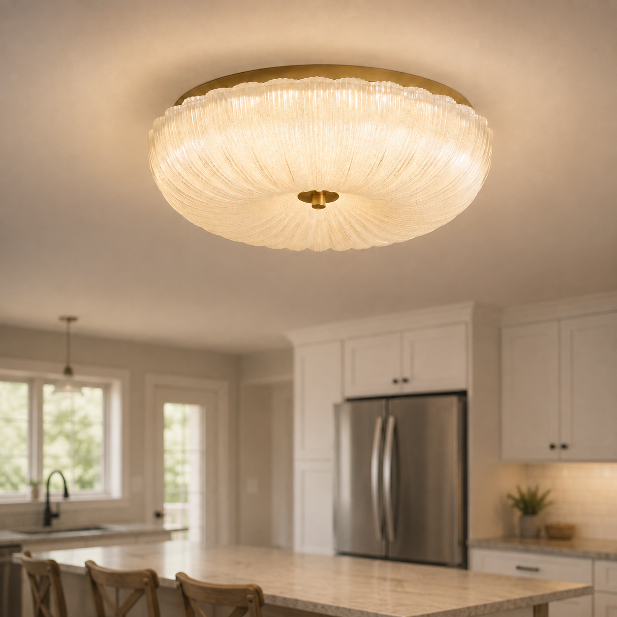 Flush mount ceiling light installed in a white kitchen above cabinets, counters, and a stainless steel refrigerator.