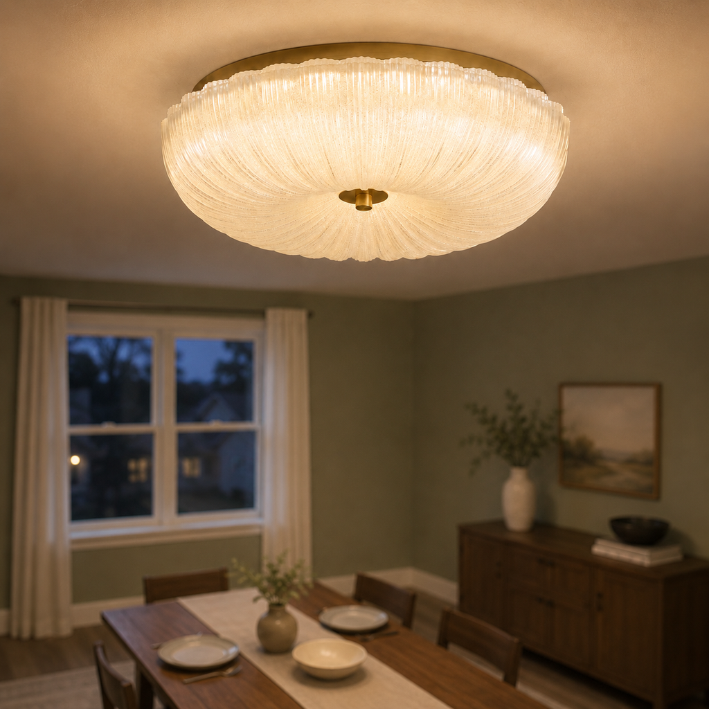 Flush mount ceiling light glowing above a dining table in a dark green room with evening light outside.
