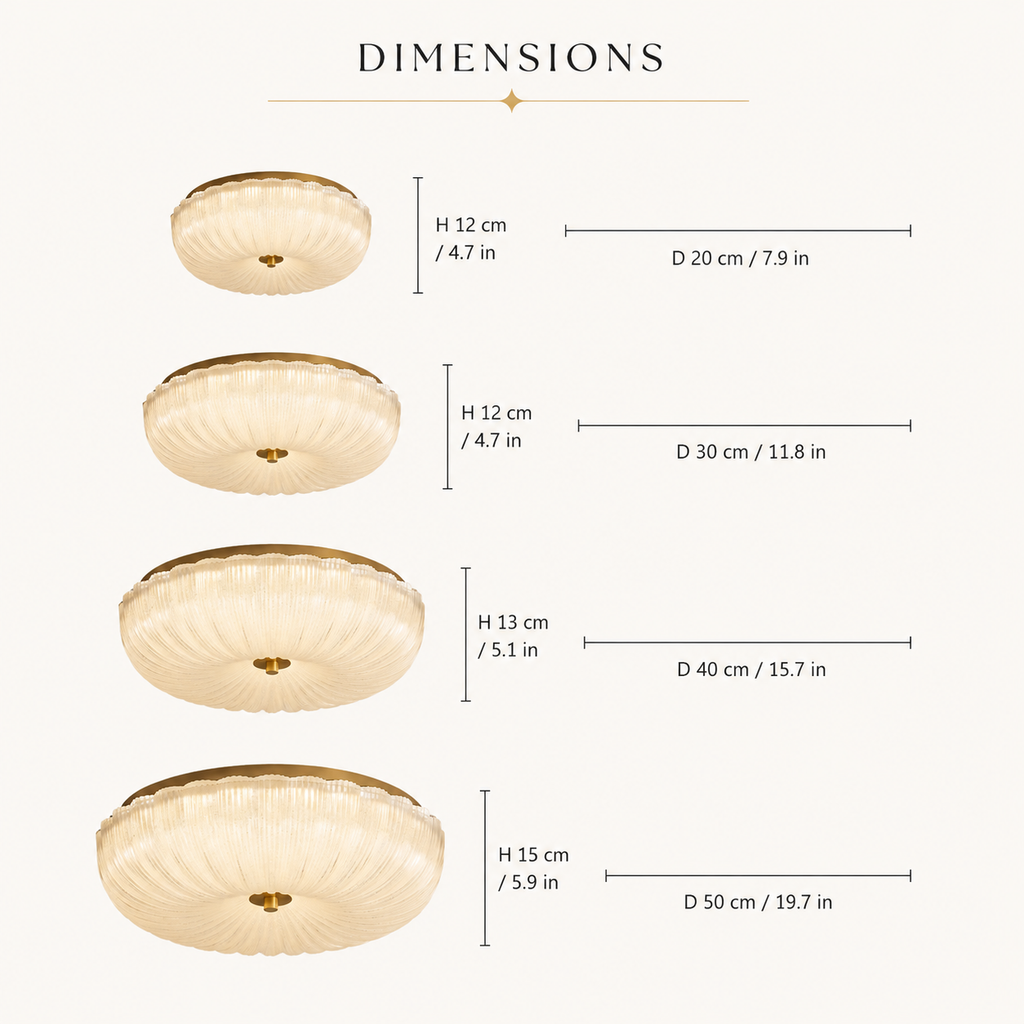 Flush mount ceiling light size chart showing four fixture sizes with diameter and height measurements.
