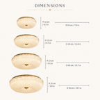 Flush mount ceiling light size chart showing four fixture sizes with diameter and height measurements.