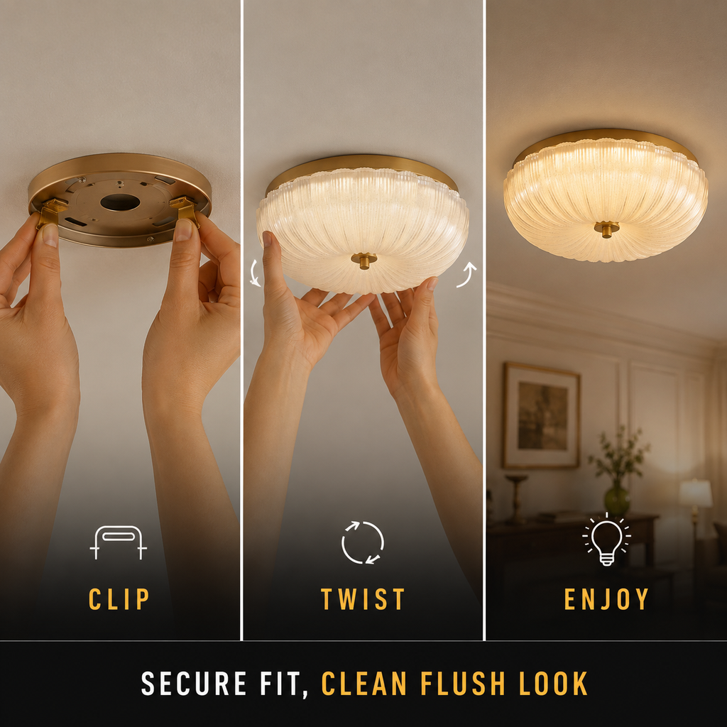 Flush mount ceiling light installation graphic showing hands clipping, twisting, and securing the fixture to the ceiling.