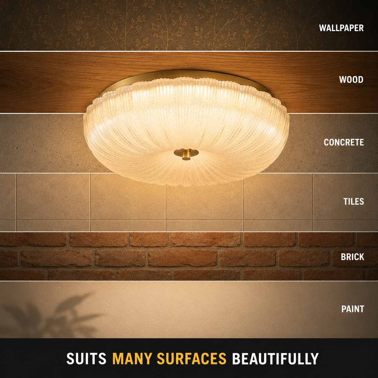 Flush mount ceiling light displayed against walnut, white, concrete, tile, brick, sheet, and paint surfaces.