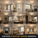 Flush mount ceiling light shown installed in nine different bedrooms, kitchens, hallways, and living spaces.