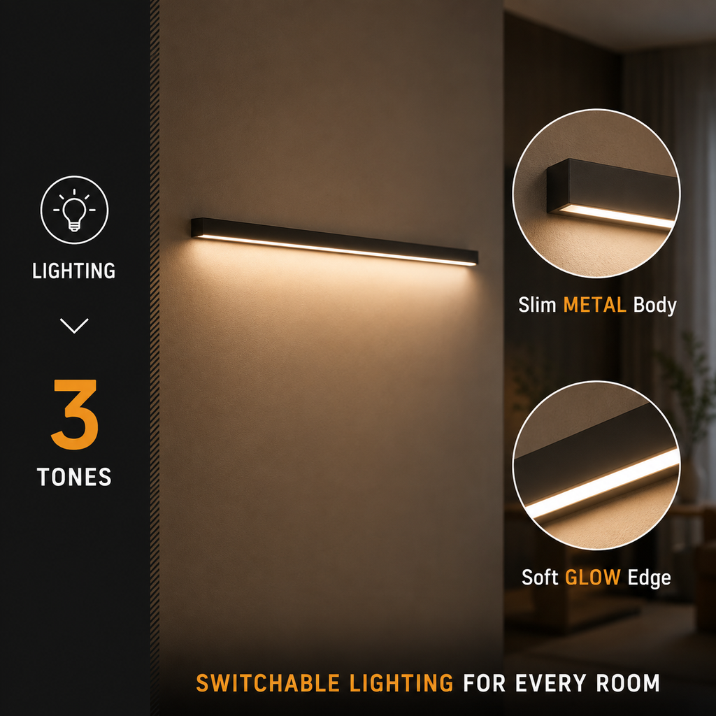 Wall light feature graphic showing the illuminated fixture and close-up detail views.