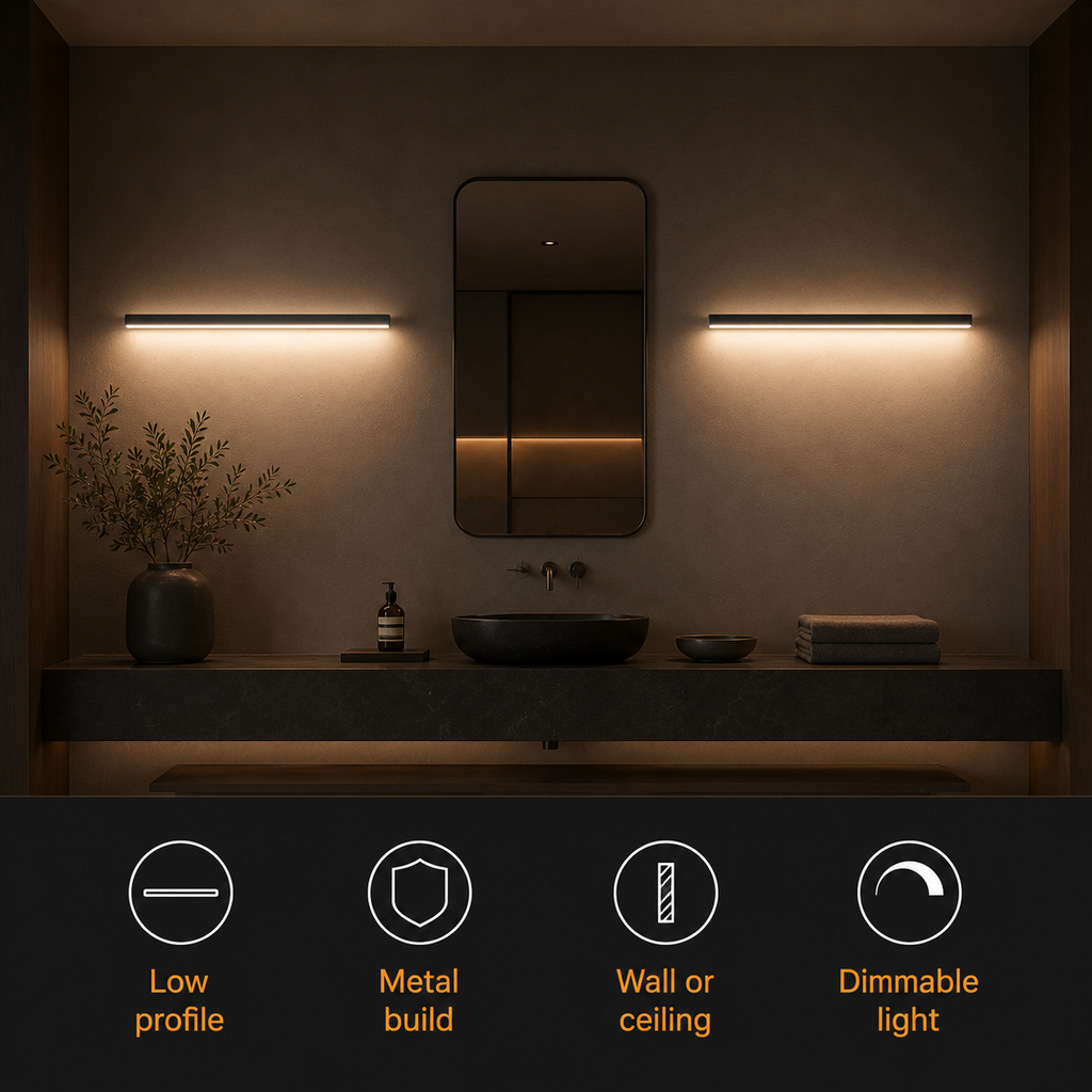Black wall light glowing above a dark console with feature icons shown below.