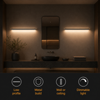 Black wall light glowing above a dark console with feature icons shown below.