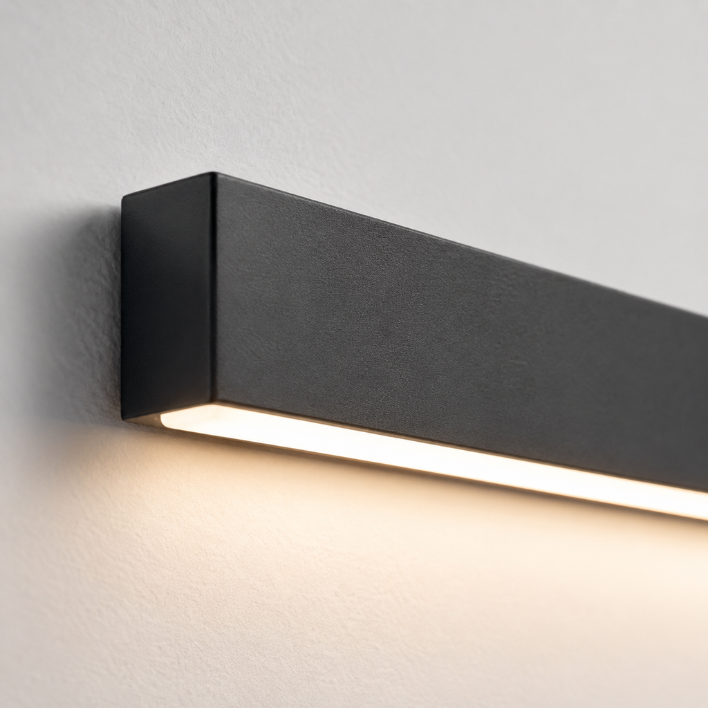 Close-up wall light view showing the black rectangular body and downward glow.