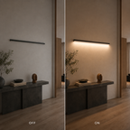 Black wall light shown in two interior scenes with warm downward illumination.
