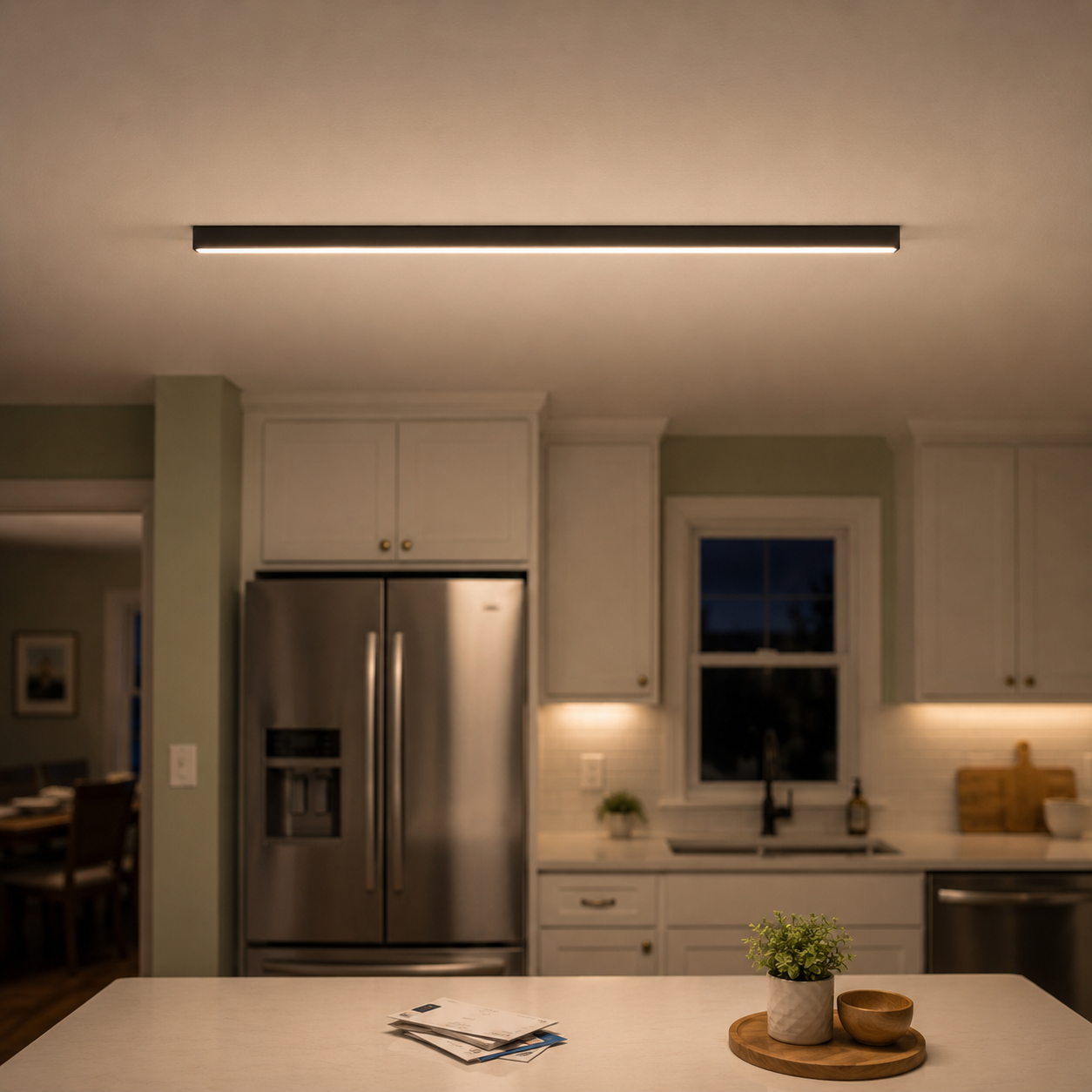 Slim black wall light installed above a kitchen island in a modern interior.