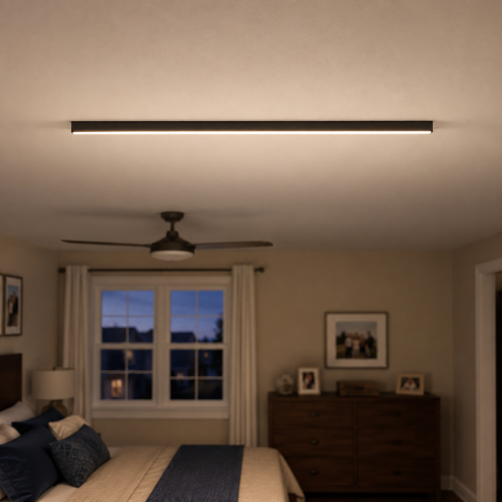 Slim black wall light mounted near the ceiling in a softly lit living room.