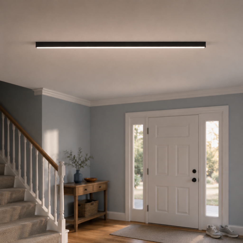 Slim black wall light installed above an entryway in a modern home interior.