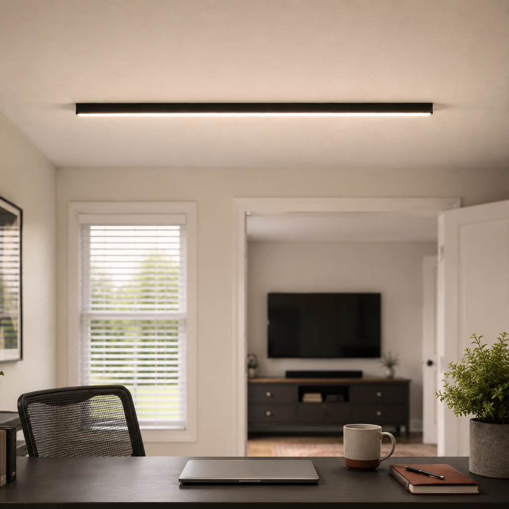Slim black wall light mounted near the ceiling above a bright living room.