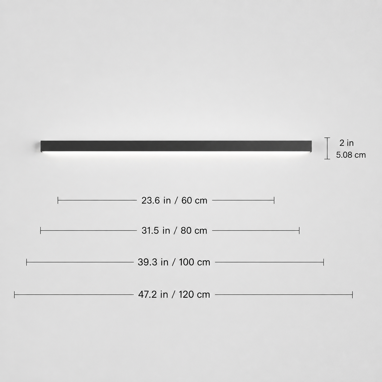 Wall light dimension graphic showing the slim horizontal fixture with measurement lines.