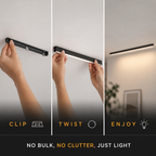 Wall light graphic showing hands adjusting the long black fixture in three positions.