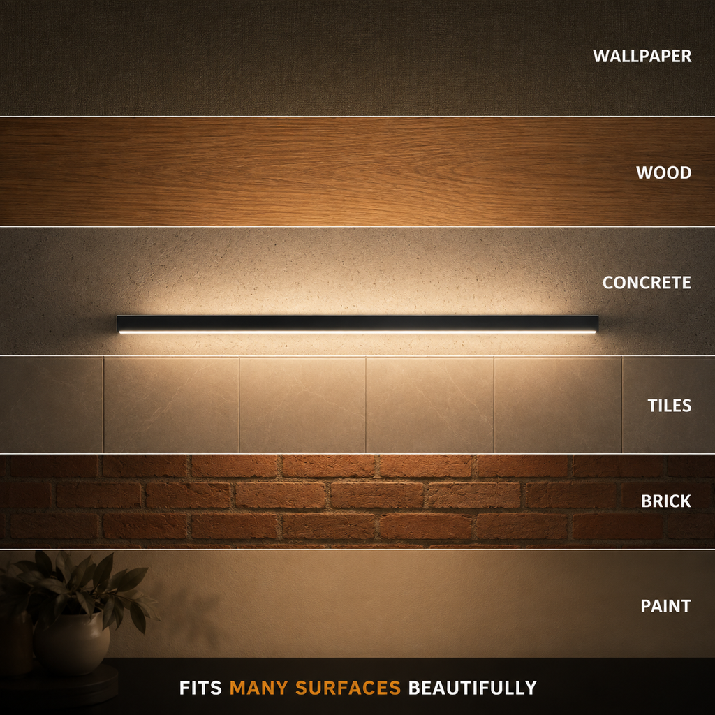 Black wall light shown with several labeled warm and neutral light examples.